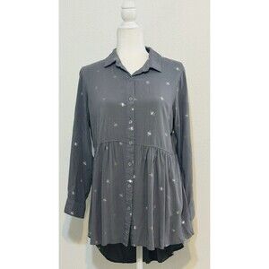 Solitaire Women Size M Silver Bee Novelty Print Button Up Shirt Boho Minimalist